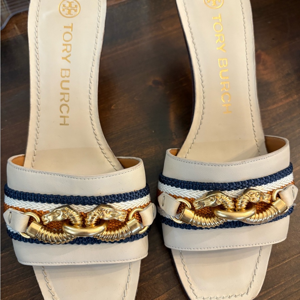 Tory Burch Cream and Navy Mules with Gold Accents